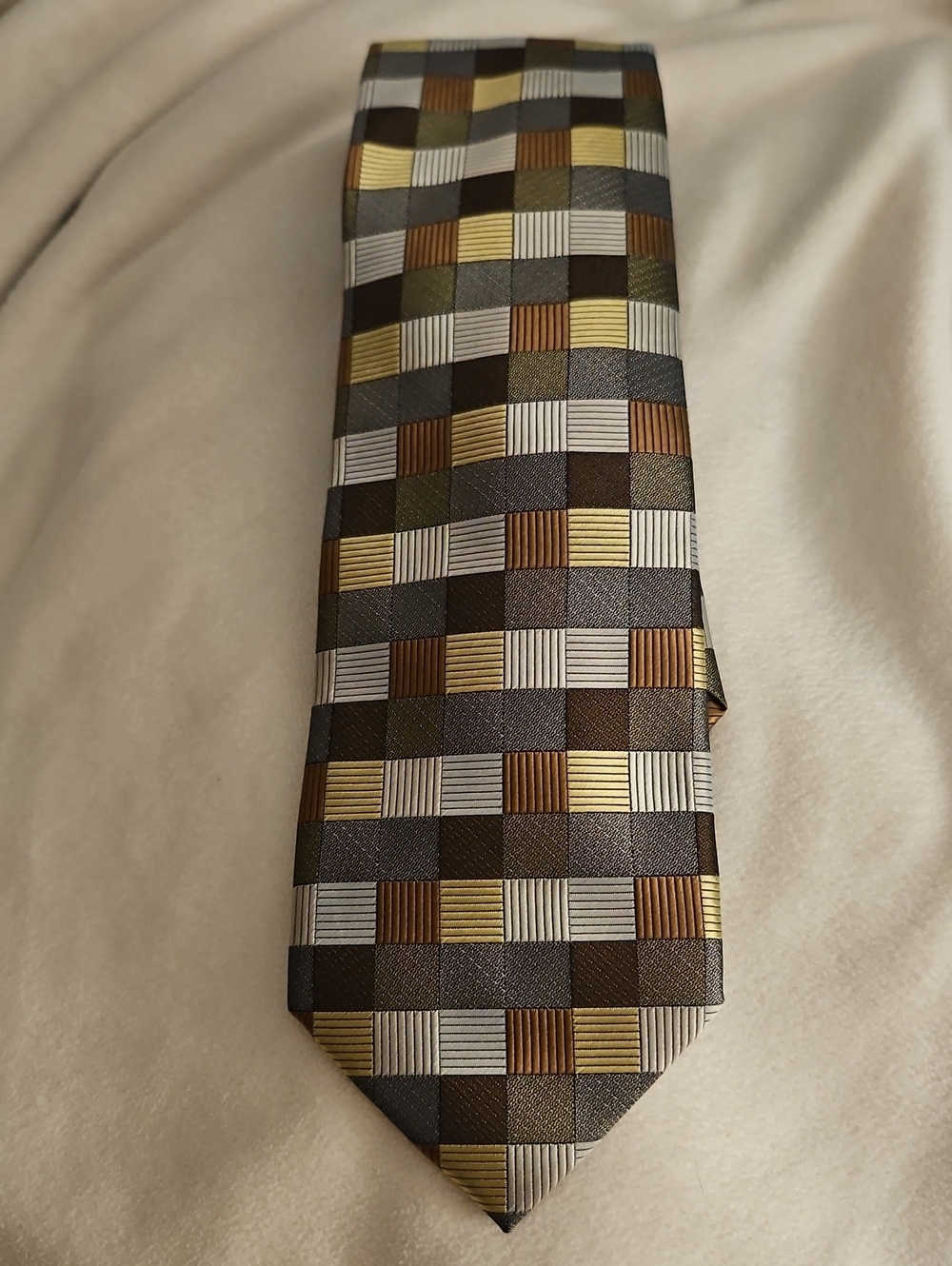 JOHN SPARKS Silver Brown and Yellow Psychedelic Geometric Basketweave Tie - Picture 2 of 9